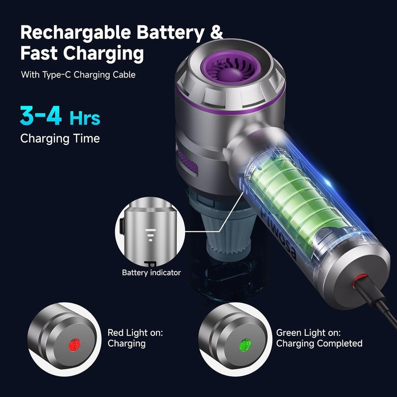 Piwosa Handheld Vacuum Cordless, Car Vacuum Cleaner with Brushless Motor, Strong Suction Vacuum & Compressed Air Dusters with LED Light, Type C Port, Wireless Mini Portable Hand Vacuum Blower for Home, Pet - Image 3